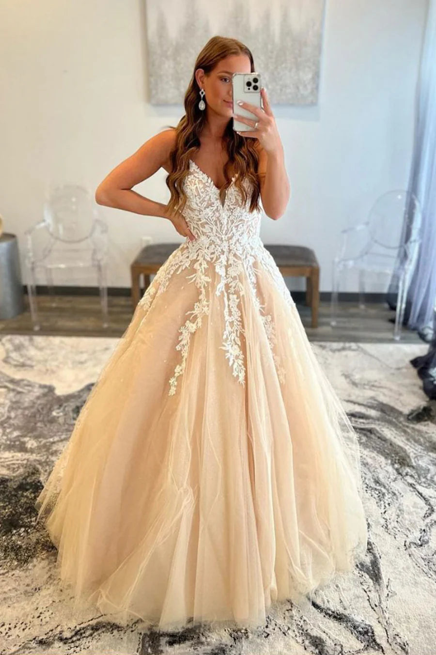 A-Line Champagne V-Neck Lace Long Formal Party Prom Dresses Formal Party Dress With Appliques