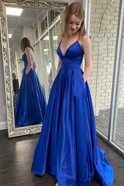 A-Line Spaghetti Straps V Neck Satin Backless Long Prom Dresses Evening Dresses with Pockets