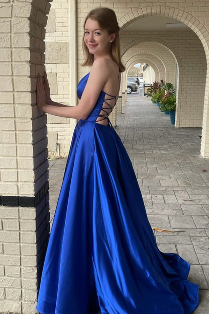 A-Line Spaghetti Straps V Neck Satin Backless Long Prom Dresses Evening Dresses with Pockets