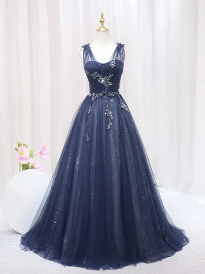 Wedding Guest Sweet Floor Length Sleeveless Tulle Beaded Long Prom Dress