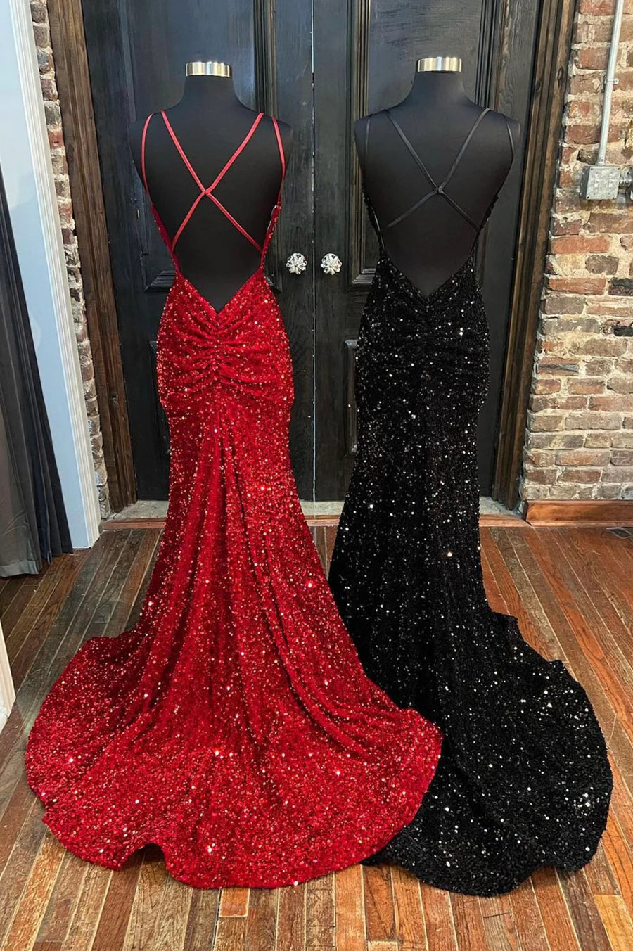 Mermaid / Trumpet  Sequins Prom Dresses Glittering Dress Wedding Guest Wedding Party Floor Length Sleeveless Spaghetti Strap Backless Evening Party Dress