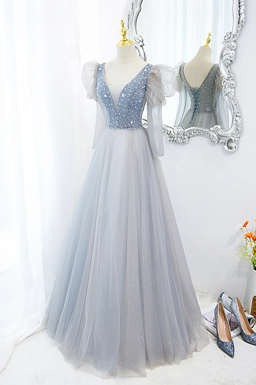 A-Line Gray Low V-Neck Floor Length Tulle Beaded Long Prom Dress Evening Party Dress