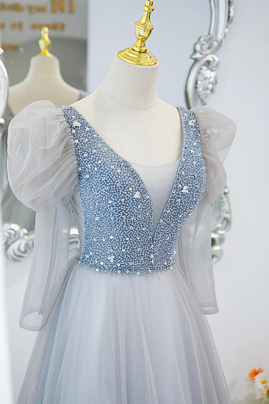 A-Line Gray Low V-Neck Floor Length Tulle Beaded Long Prom Dress Evening Party Dress