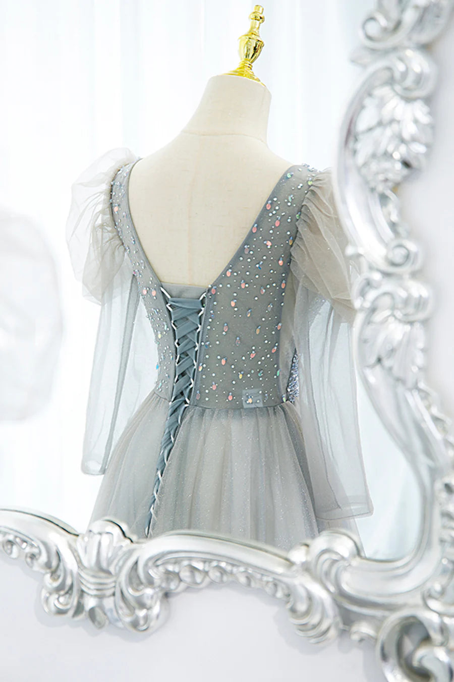 A-Line Gray Low V-Neck Floor Length Tulle Beaded Long Prom Dress Evening Party Dress