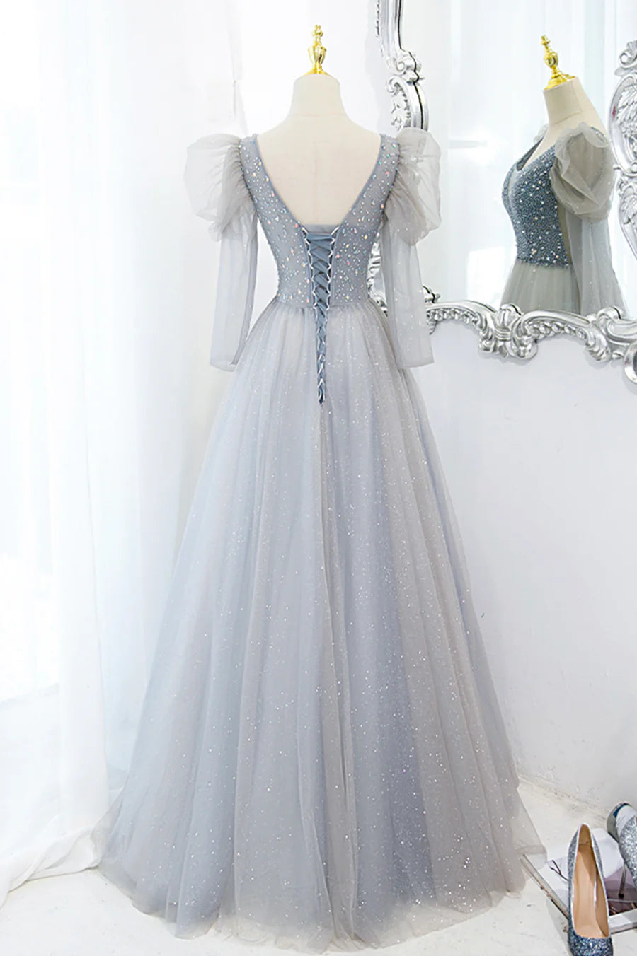 A-Line Gray Low V-Neck Floor Length Tulle Beaded Long Prom Dress Evening Party Dress