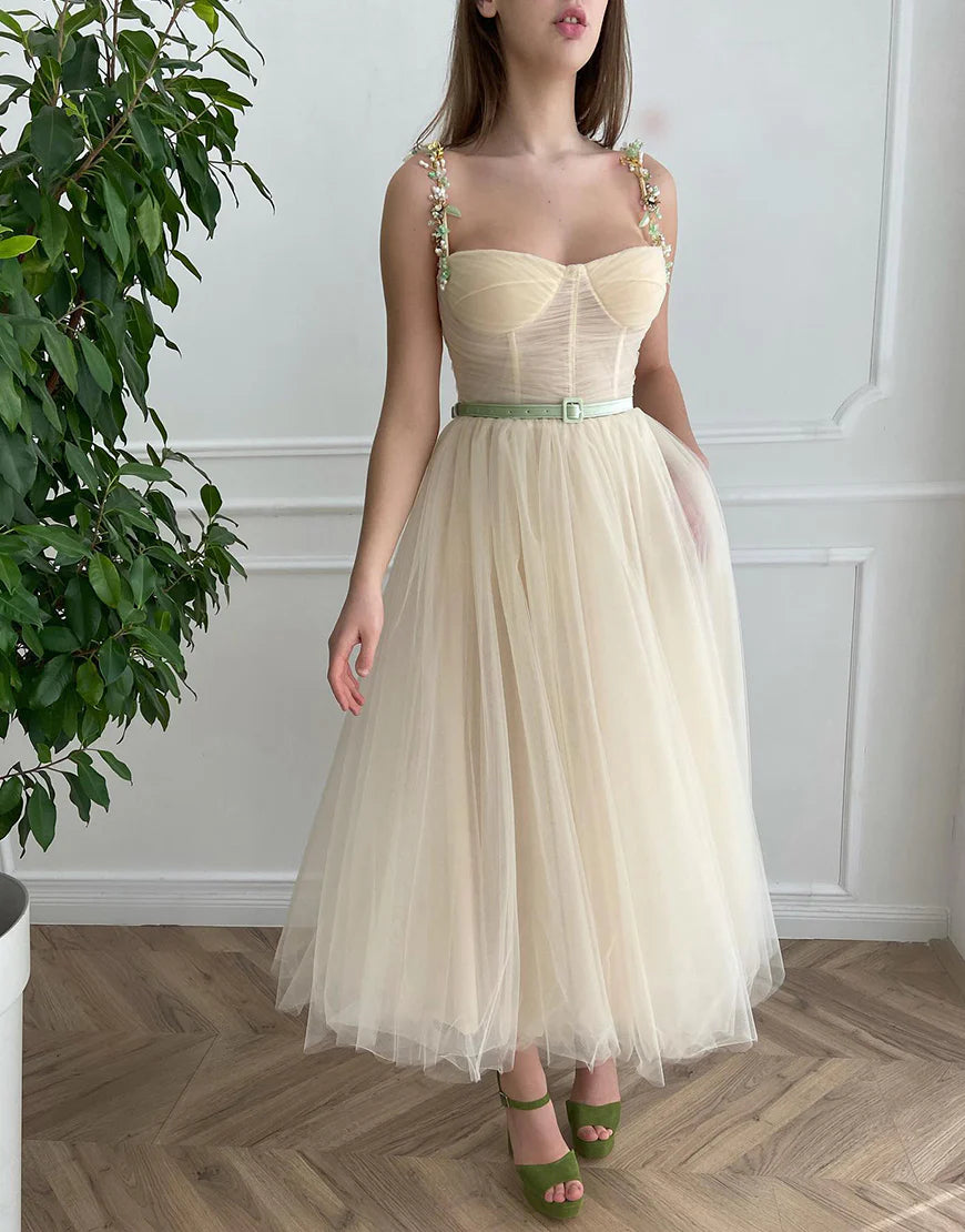 Spaghetti Straps Ankle-Length Apricot Homecoming Dress with Beading