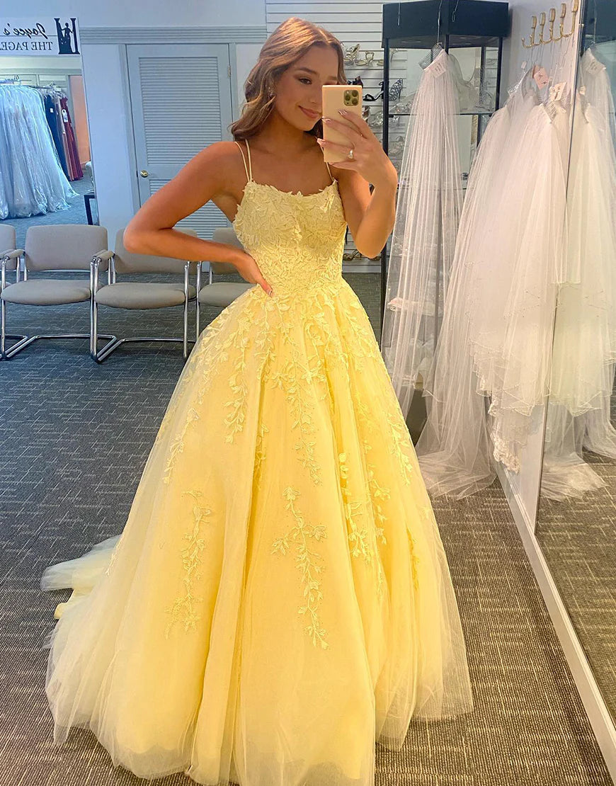 A Line Princess Long Daffodil Prom Dress with Appliques