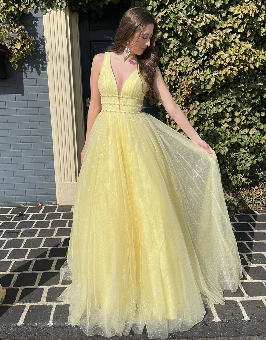 A Line Daffodil V Neck Long Backless Prom Dress