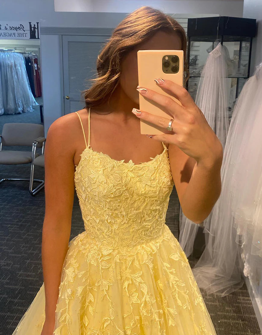 A Line Princess Long Daffodil Prom Dress with Appliques