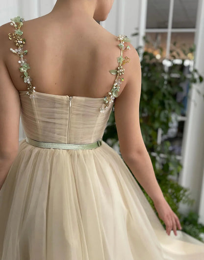 Spaghetti Straps Ankle-Length Apricot Homecoming Dress with Beading