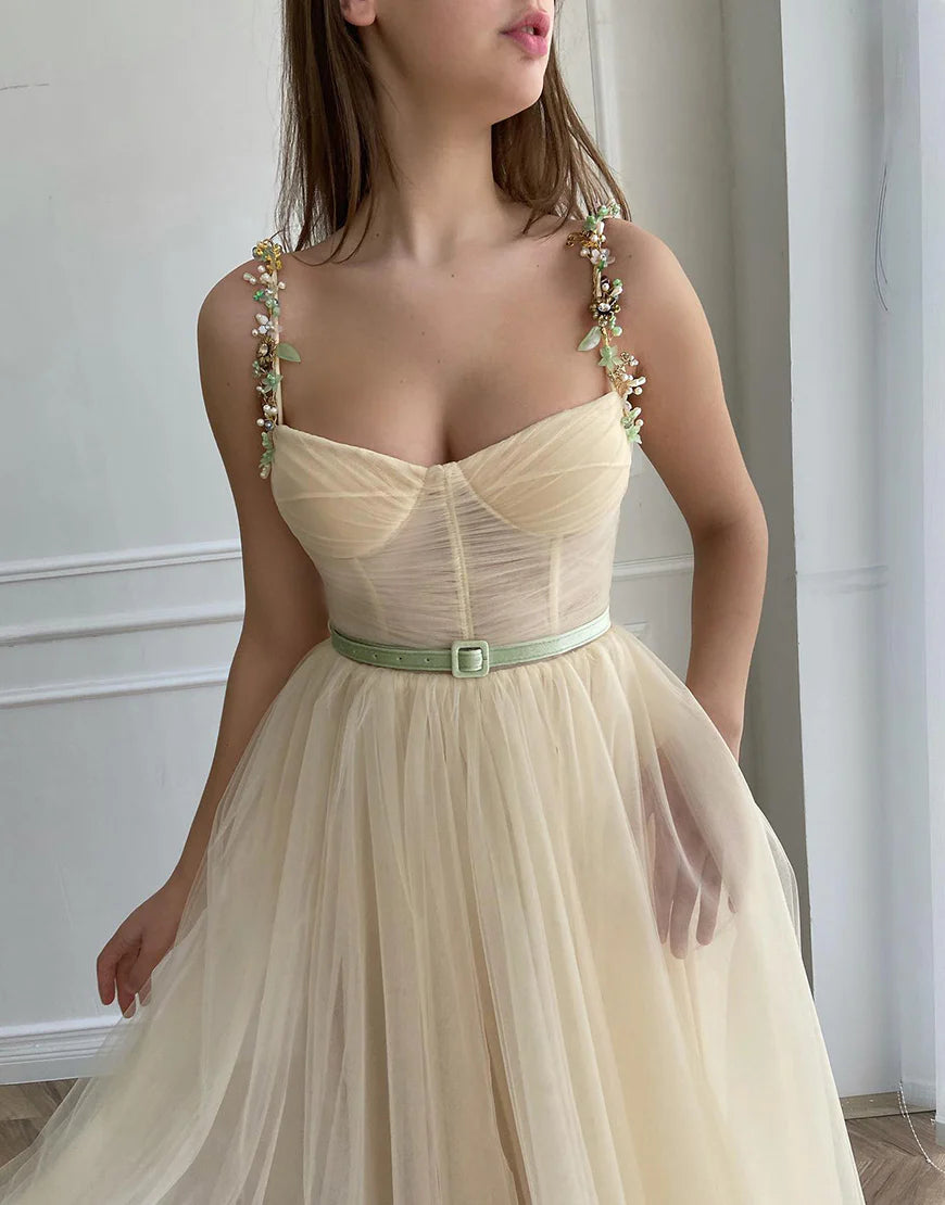 Spaghetti Straps Ankle-Length Apricot Homecoming Dress with Beading
