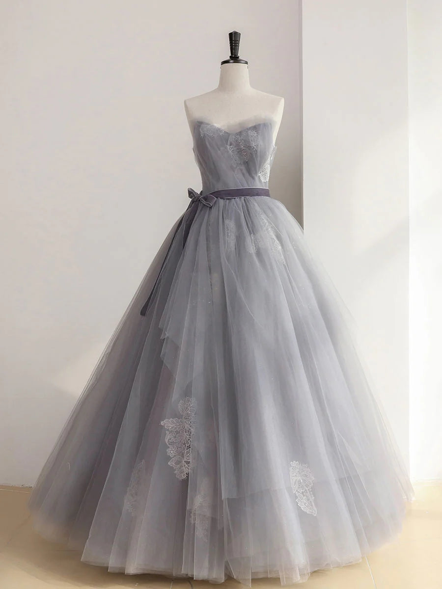 Quinceanera Dresses Princess Cute Prom Dress Tulle Gray Tulle Lace Long Prom Dress Gray Sweet 16 Dress