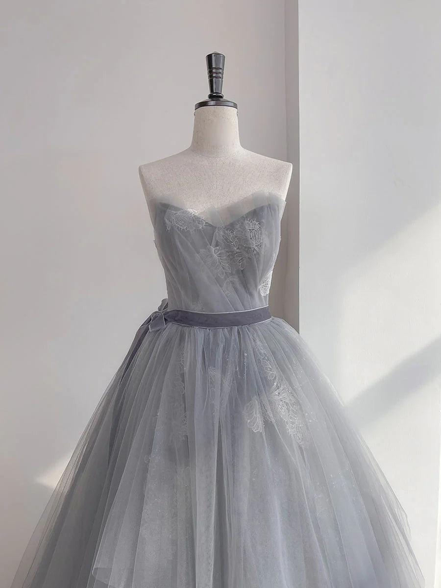 Quinceanera Dresses Princess Cute Prom Dress Tulle Gray Tulle Lace Long Prom Dress Gray Sweet 16 Dress