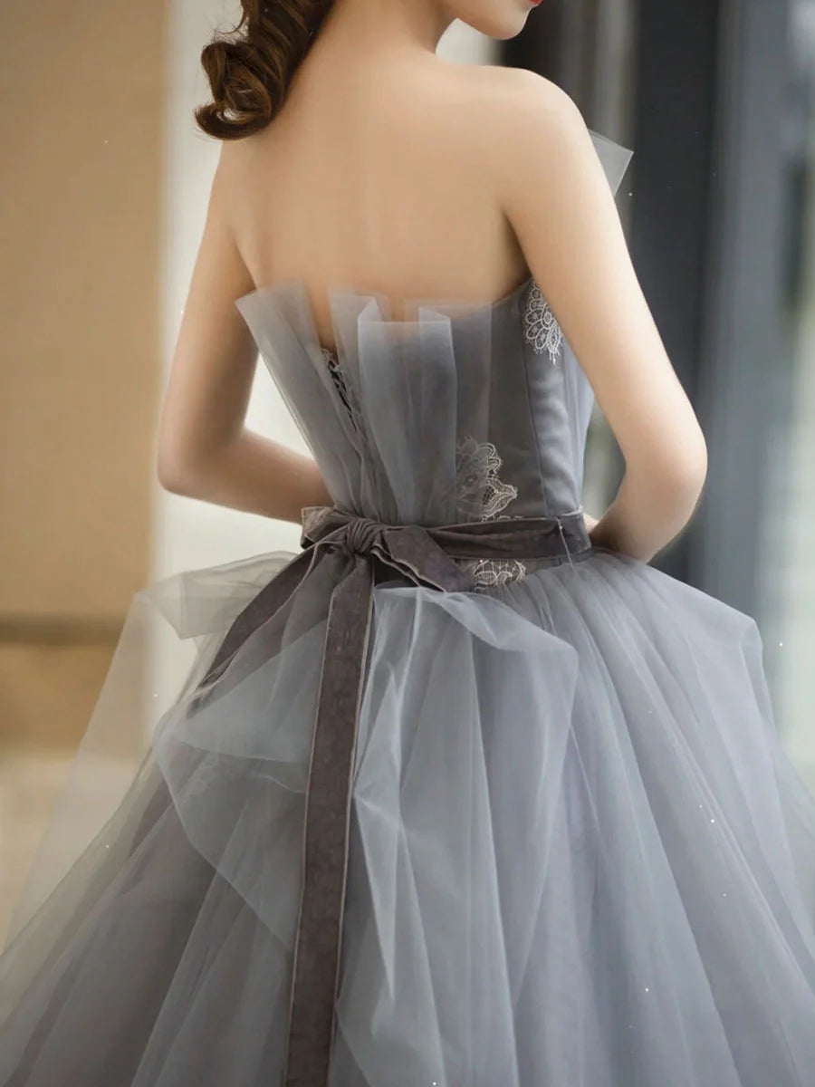 Quinceanera Dresses Princess Cute Prom Dress Tulle Gray Tulle Lace Long Prom Dress Gray Sweet 16 Dress