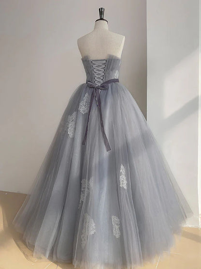 Quinceanera Dresses Princess Cute Prom Dress Tulle Gray Tulle Lace Long Prom Dress Gray Sweet 16 Dress