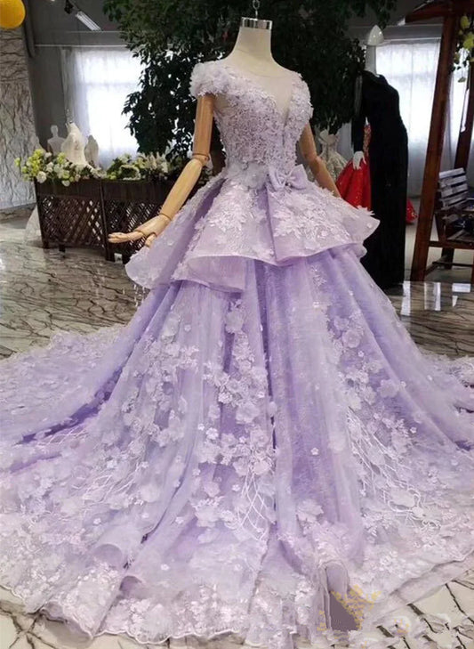 Ball Gown Quinceanera Dresses Purple Tulle Sweet 16 Dress Prom Dress With Lace Applique