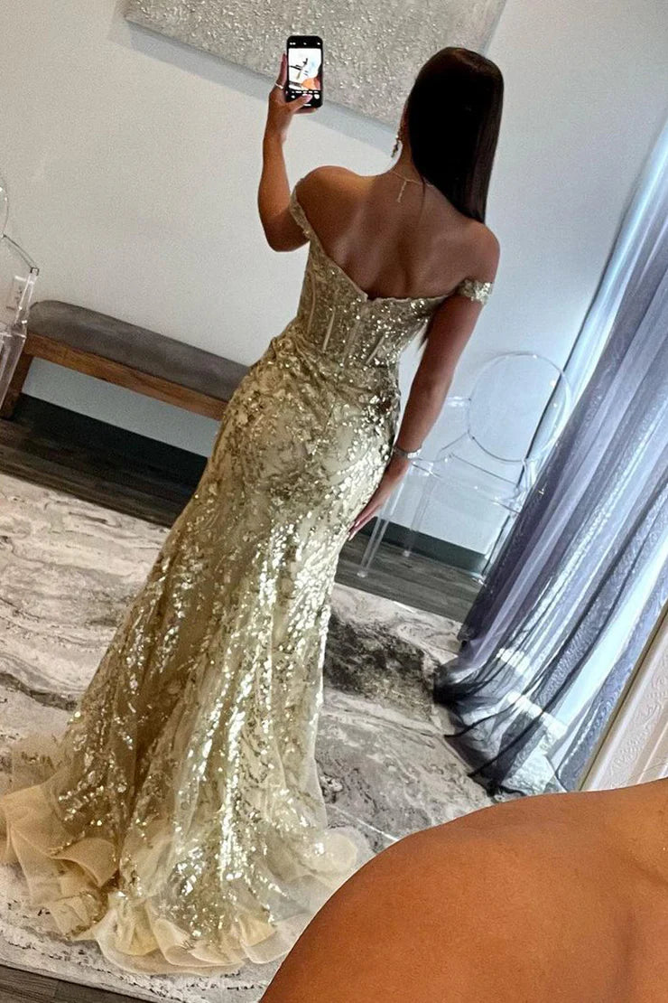 Mermaid Sweetheart Gold Sequins Long Prom Dresses with Slit