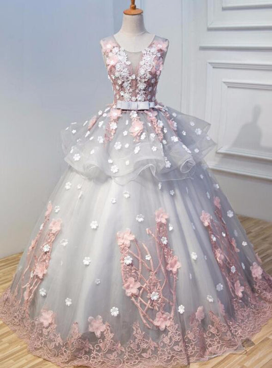 Ball Gown Quinceanera Dress Gorgeous Grey Tulle Long Prom Gown With  Appliques