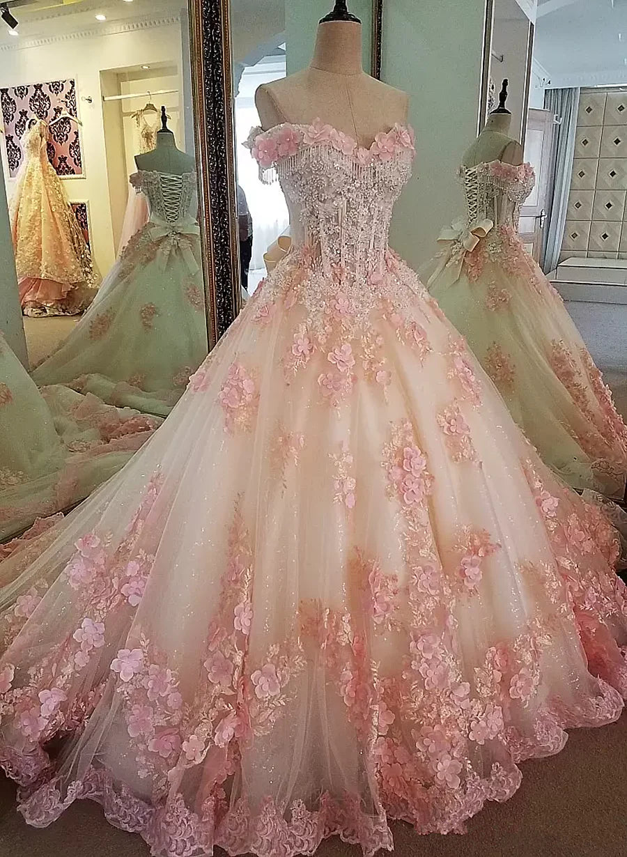 Ball Gown Prom Dresses Floral Dress Quinceanera Pink Tulle 3D Flowers Beaded Long Formal Dress Sweet 16 Dresses