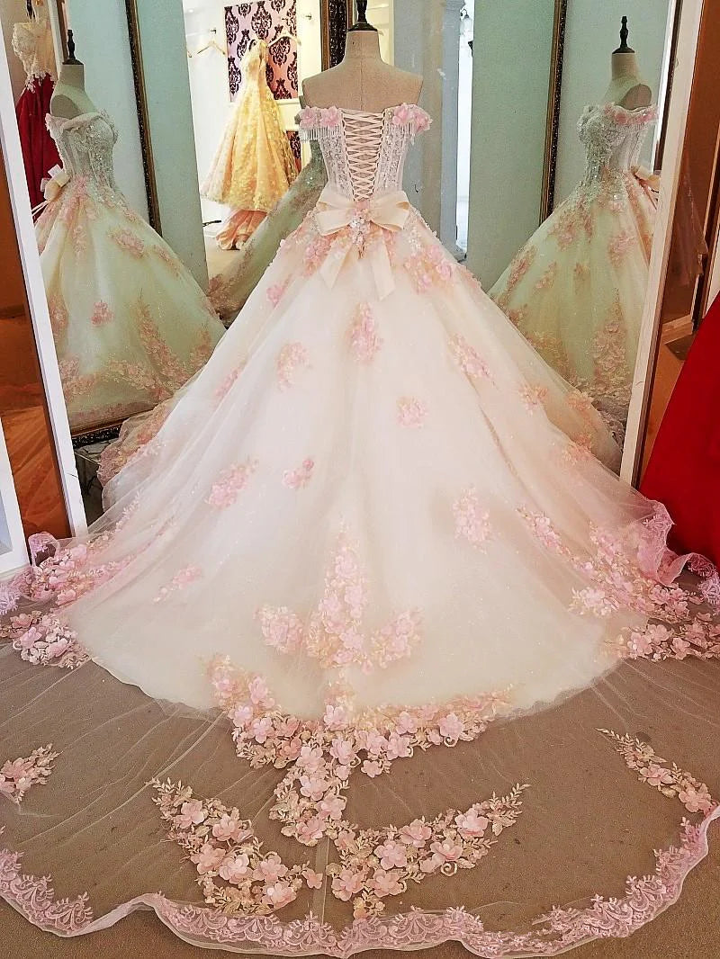 Ball Gown Prom Dresses Floral Dress Quinceanera Pink Tulle 3D Flowers Beaded Long Formal Dress Sweet 16 Dresses
