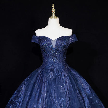 Ball Gown Prom Dresses Floral Dress Quinceanera Navy Blue Lace Off Shoulder Tulle Formal Dress Prom Dress