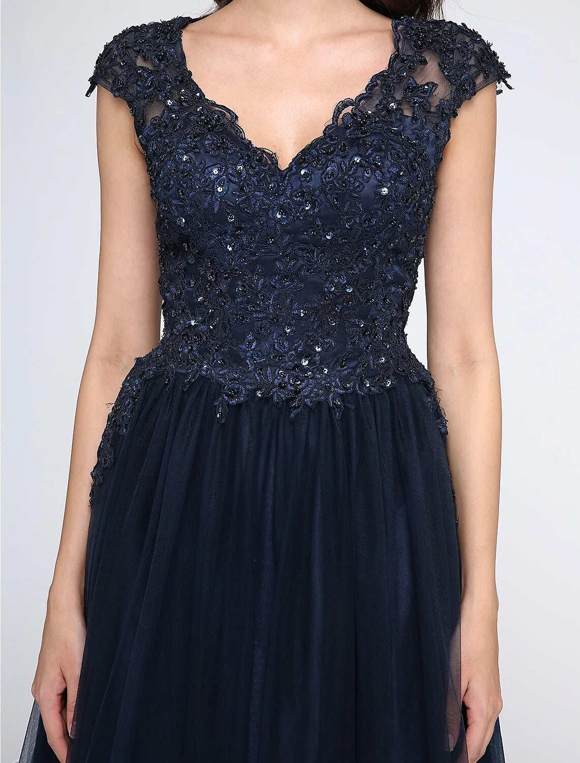 A-Line Little Black Prom Dress Wedding Guest Floor Length Sleeveless V Neck Tulle with Appliques