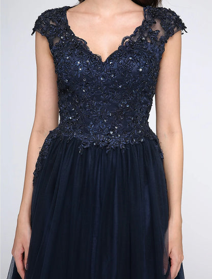 A-Line Little Black Prom Dress Wedding Guest Floor Length Sleeveless V Neck Tulle with Appliques