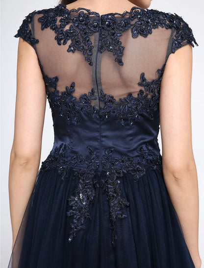 A-Line Little Black Prom Dress Wedding Guest Floor Length Sleeveless V Neck Tulle with Appliques