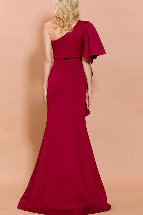 A-Line One Shoulder Wedding Guest Evening Party Dress With Slit