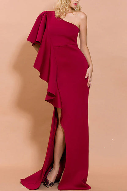 A-Line One Shoulder Wedding Guest Evening Party Dress With Slit