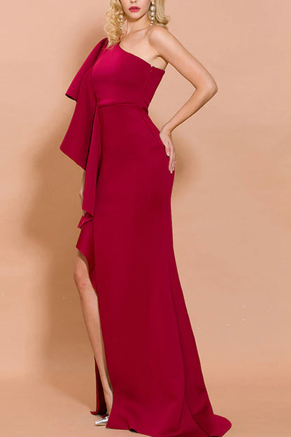 A-Line One Shoulder Wedding Guest Evening Party Dress With Slit