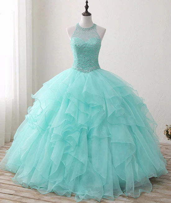 Ball Gown Prom Dresses Elegant Dress Quinceanera  Scoop Neck Tulle Beads Long Prom Dress Sweet 16 Dress