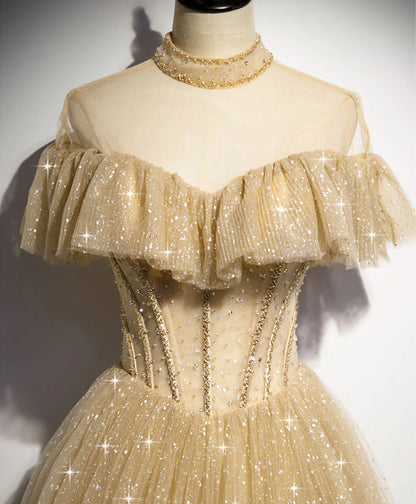 Ball Gown Quinceanera Dresses Princess Dress Gold Sparkly Tulle Lace Long Prom Dress Gold Sweet 16 Dress