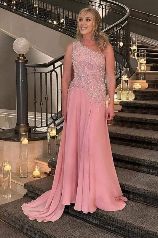 Sheath One Shoulder Chiffon Wedding Guest Dress Pearls Long Mother of the bride Dress With Appliques