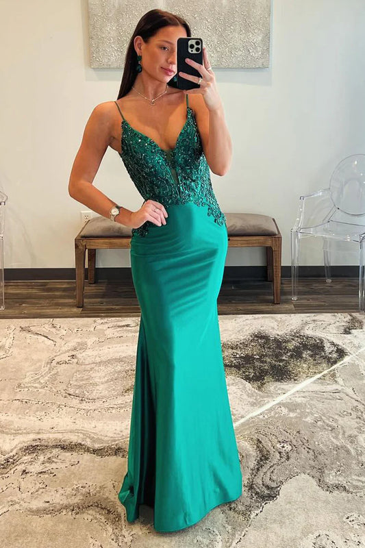 Mermaid Spaghetti Straps V Neck Satin Long Prom Dress with Beading