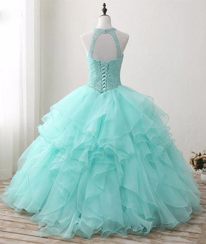 Ball Gown Prom Dresses Elegant Dress Quinceanera  Scoop Neck Tulle Beads Long Prom Dress Sweet 16 Dress