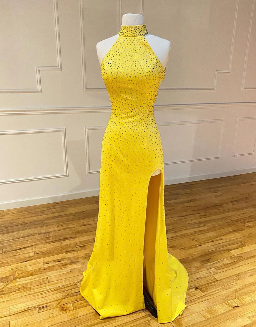Mermaid Halter Yellow Prom Dress with Split