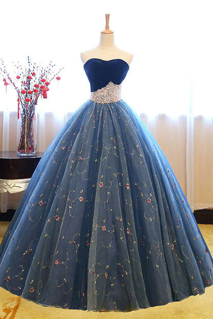 Ball Gown Quinceanera Dresses Princess Dress Sleeveless Blue Sweetheart Neck Tulle Long Prom Sweet 16 Dress