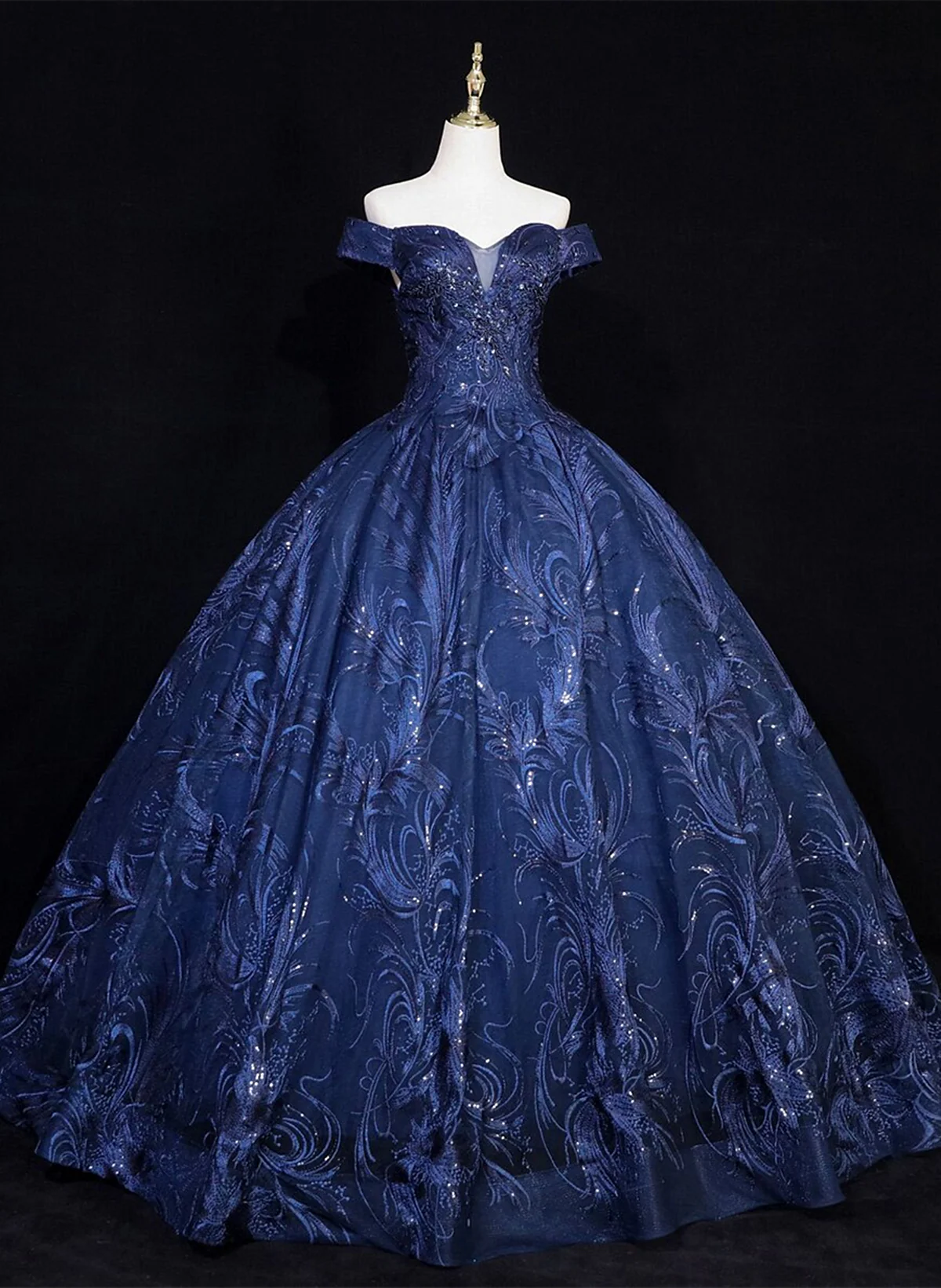 Ball Gown Prom Dresses Floral Dress Quinceanera Navy Blue Lace Off Shoulder Tulle Formal Dress Prom Dress