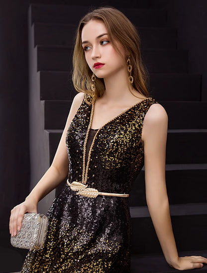 A-Line Minimalist Elegant Party Wear Formal Evening Dress V Neck Sleeveless Floor Length  with Sequin