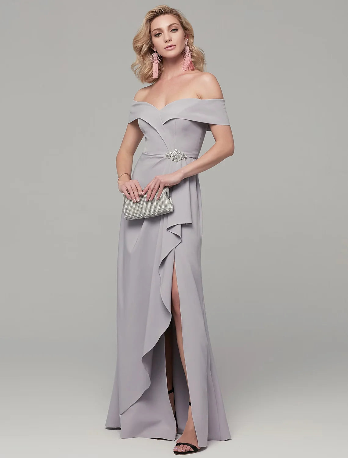 Sheath / Column Special Occasion Dresses Elegant & Luxurious Dress Wedding Guest Floor Length Short Sleeve Off Shoulder Spandex with Rhinestone Split Front