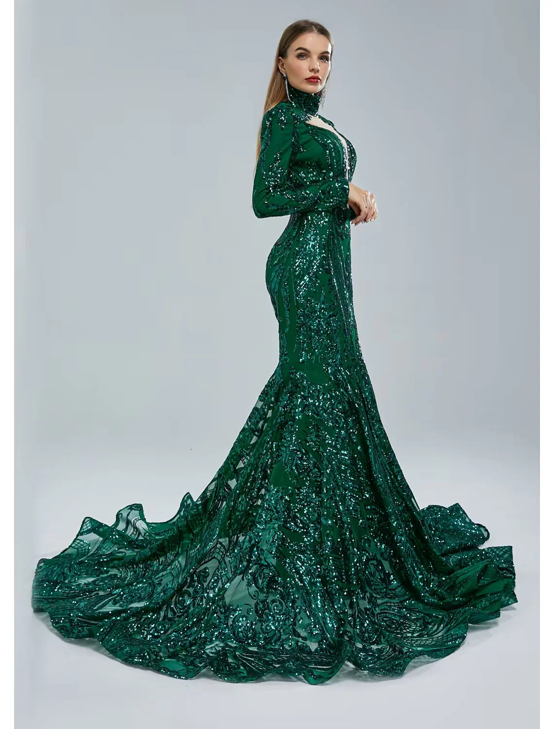 Mermaid / Trumpet Evening Gown Elegant Dress Engagement Court Train Long Sleeve Stand Collar Lace with Sequin