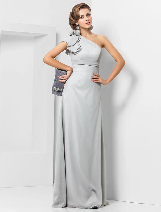 Sheath / Column Elegant Dress Wedding Guest Floor Length Sleeveless One Shoulder Chiffon with Sash / Ribbon Appliques