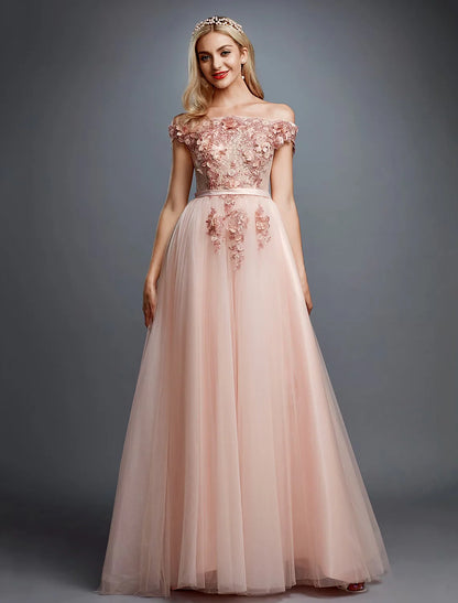 A-Line Floral Dress Wedding Guest Sweep / Brush Train Sleeveless Off Shoulder Tulle Over Lace with Appliques Beautiful