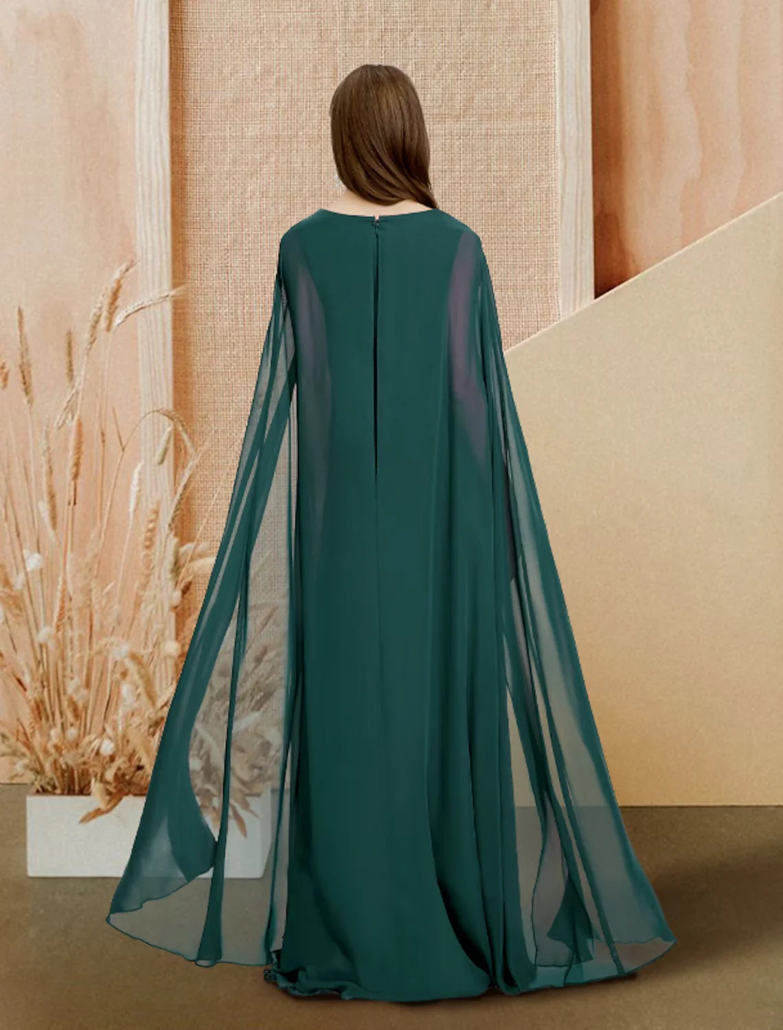 A-Line Evening Gown Empire Dress Prom Floor Length Long Sleeve V Neck Chiffon with Sleek Pleats