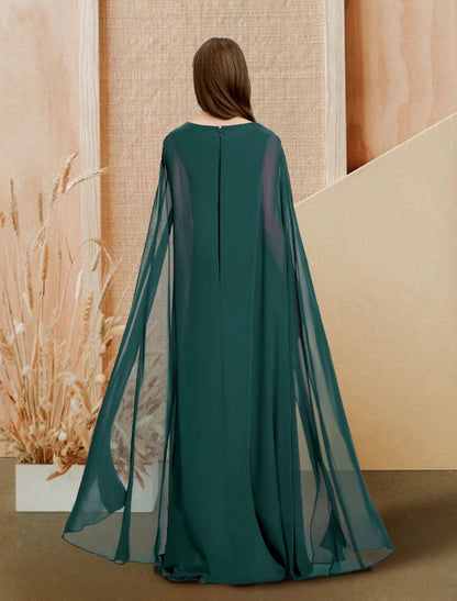 A-Line Evening Gown Empire Dress Prom Floor Length Long Sleeve V Neck Chiffon with Sleek Pleats