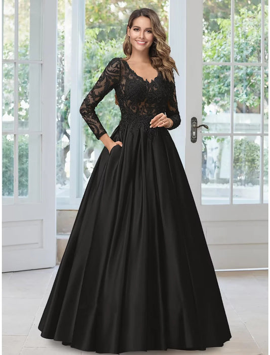 A-Line Evening Gown Black Dress Formal Floor Length Long Sleeve V Neck Lace with Appliques