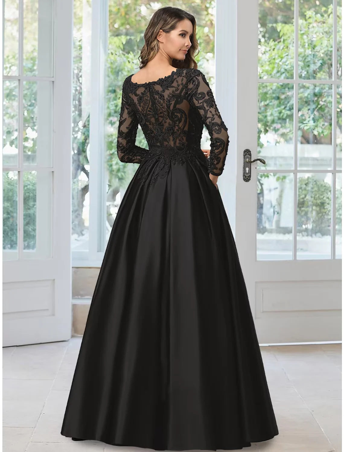 A-Line Evening Gown Black Dress Formal Floor Length Long Sleeve V Neck Lace with Appliques