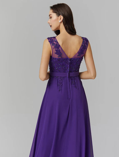 A-Line  Dress Wedding Guest Floor Length Sleeveless Illusion Neck Chiffon V Back with Beading Appliques