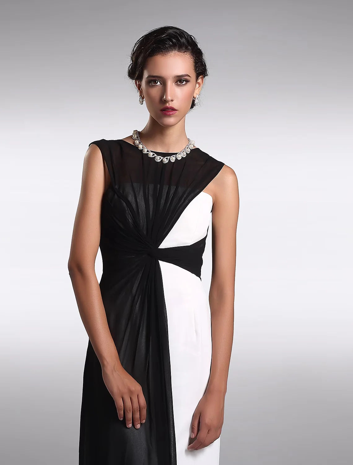 Sheath / Column Little Black Prom Dress Wedding Guest Floor Length Sleeveless Jewel Neck Georgette V Back with Ruched